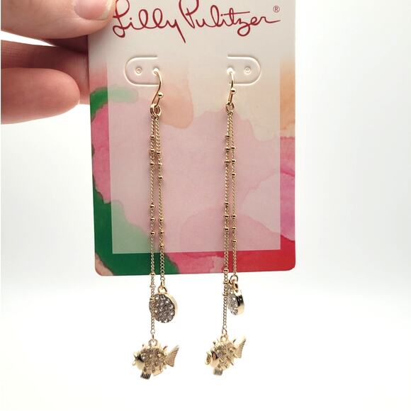 Lilly Pulitzer Gold Fish Drop Earrings Dangling Sparkly Puffer Fish Ocean Resort - Picture 1 of 8